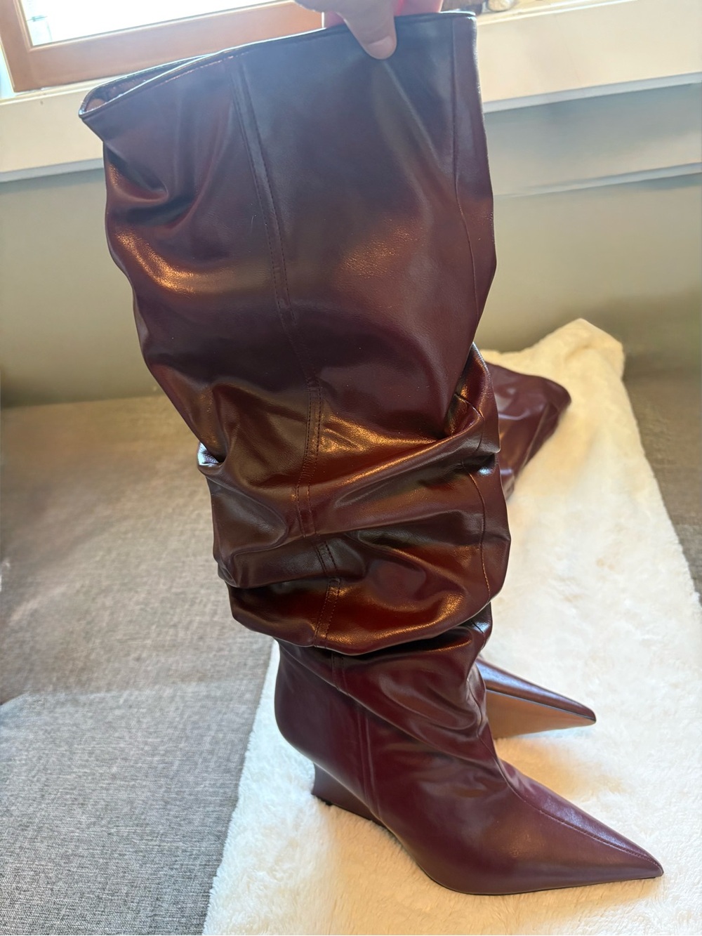 Steve Madden Burgundy Pointed-Toe Slouch Wedge Knee-High Boots Distortion Boots